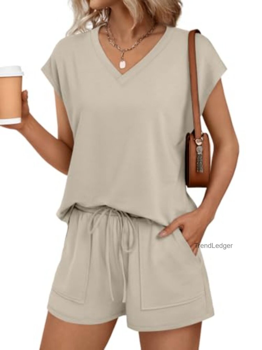 Women's Lounge Short Set - V Neck Cap Sleeve Relaxed Fit Drawstring Pockets